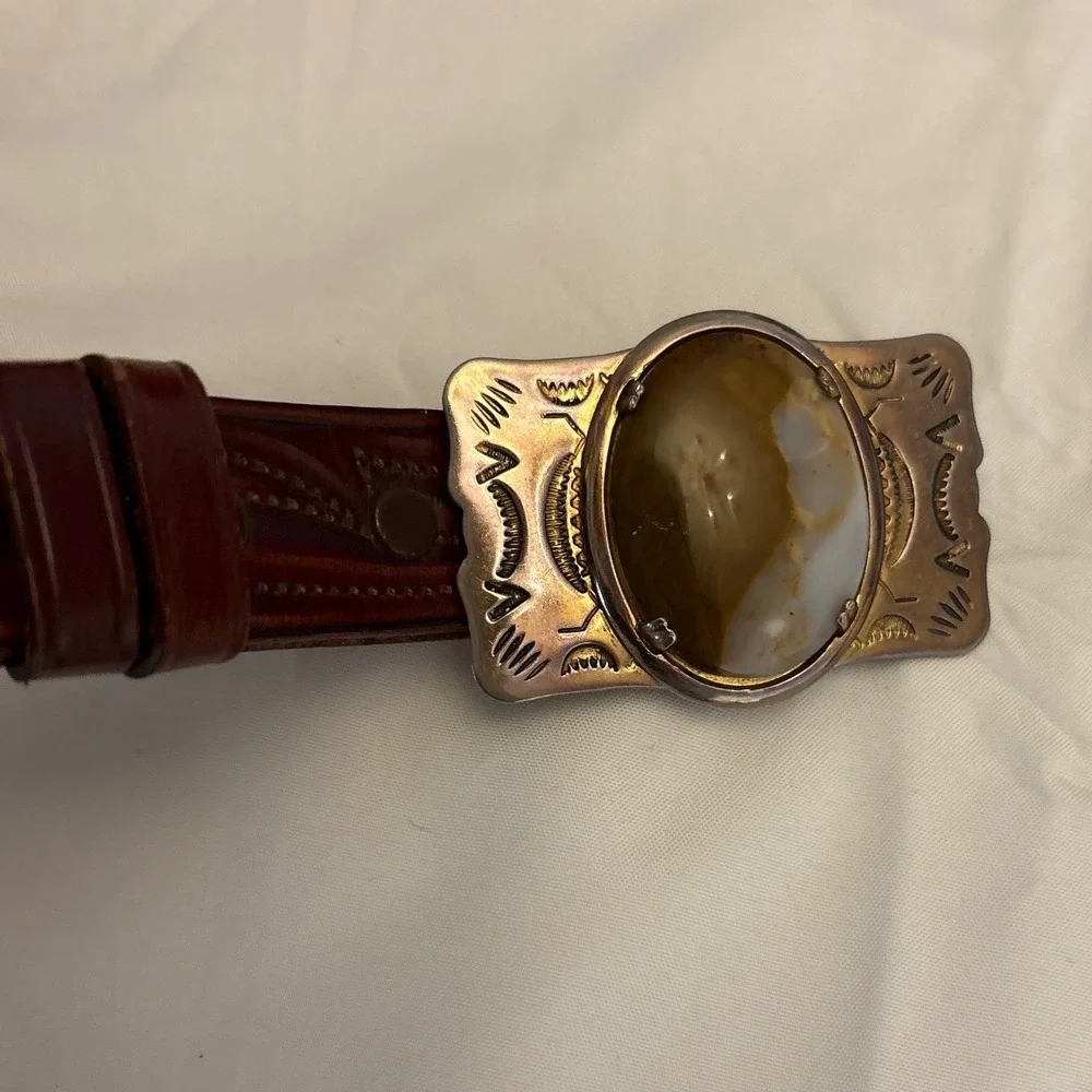 Vintage Handmade Tex Tan Leather‎ Belt Western Style Stone Buckle Brown Size 38